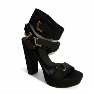 Hot Tomato Strappy Black Heels with Gold Buckles